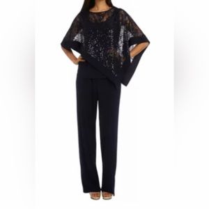 R&M Richards Two Piece Sequined Poncho Pant Set (Navy Blue)